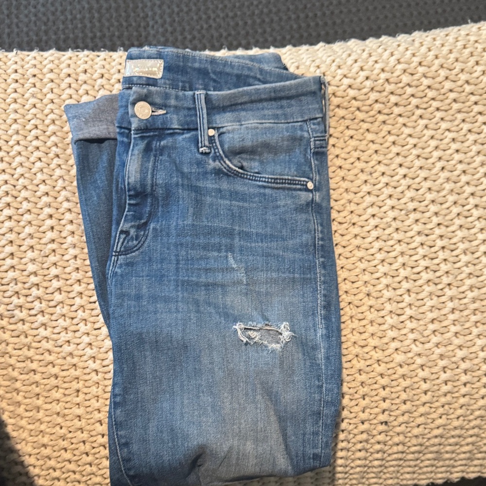 MOTHER Blue Distressed Skinny Jeans